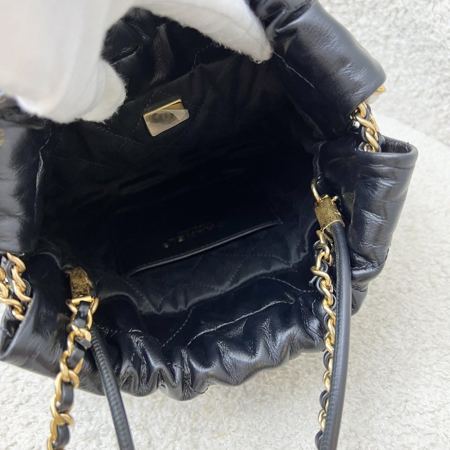 GLM-22 Mini Hobo Handbag with GLM- Pearl Chain in Black Shiny Calfskin and GHW (Detachable chain) (Model: AS3980)
