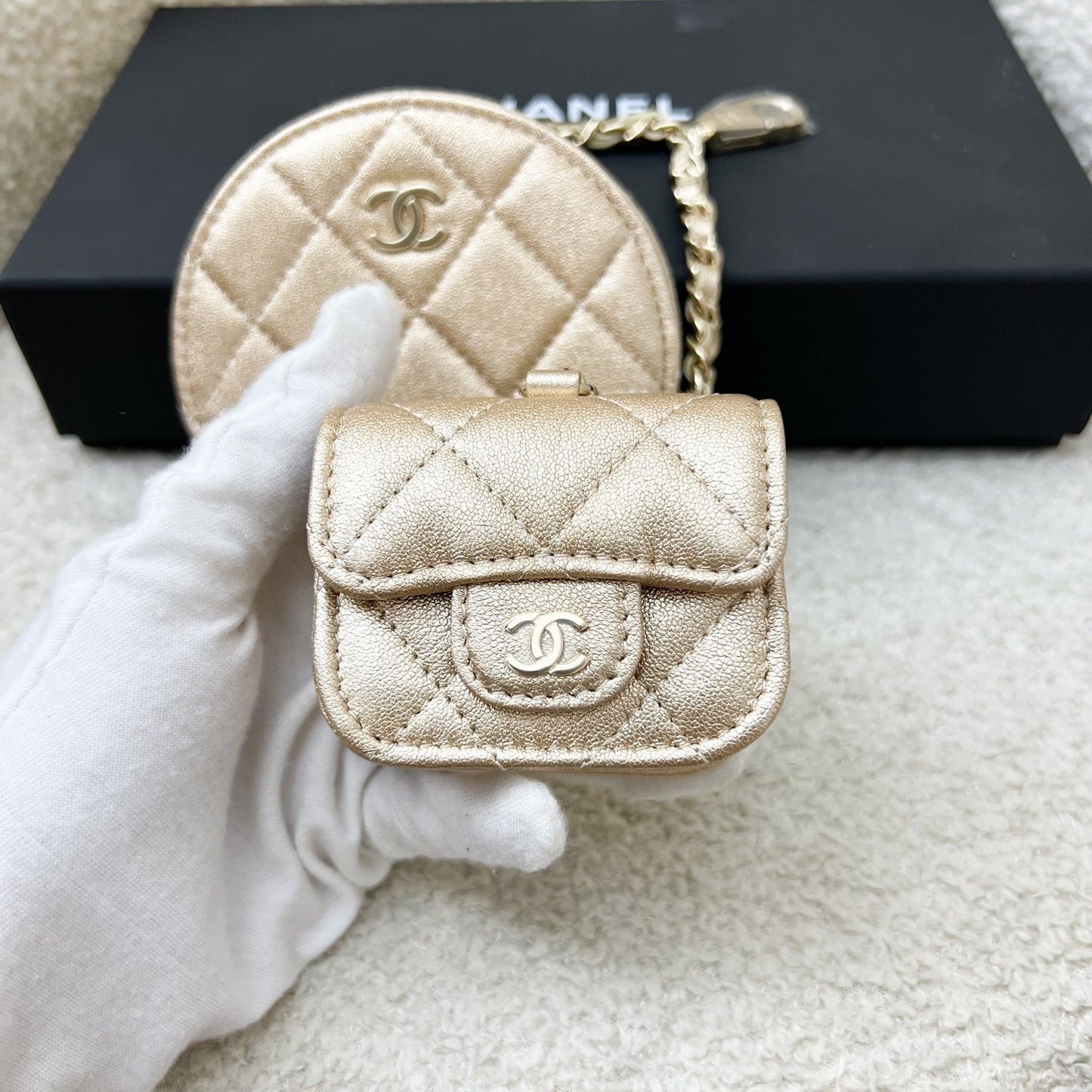 GLM-2024 VIP Gift Round Pouch and Airpods Holder Bag Charm in Metallic Gold Lambskin and LGHW