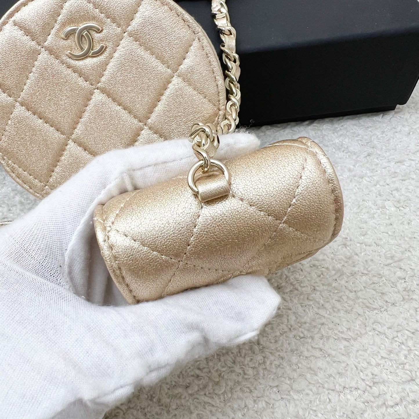 GLM-2024 VIP Gift Round Pouch and Airpods Holder Bag Charm in Metallic Gold Lambskin and LGHW
