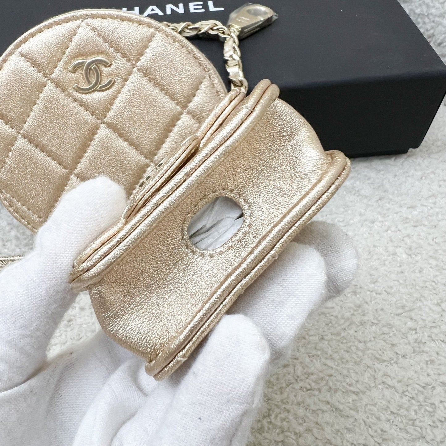 GLM-2024 VIP Gift Round Pouch and Airpods Holder Bag Charm in Metallic Gold Lambskin and LGHW