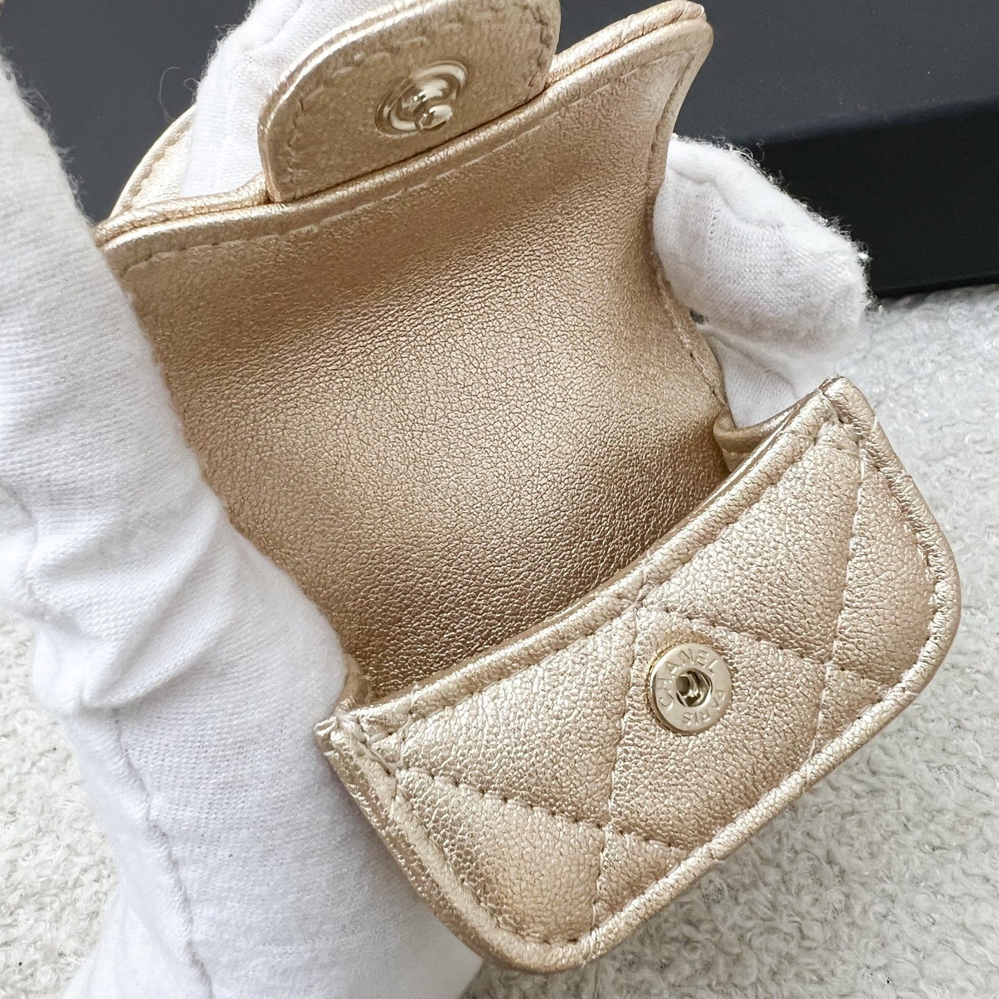 GLM-2024 VIP Gift Round Pouch and Airpods Holder Bag Charm in Metallic Gold Lambskin and LGHW