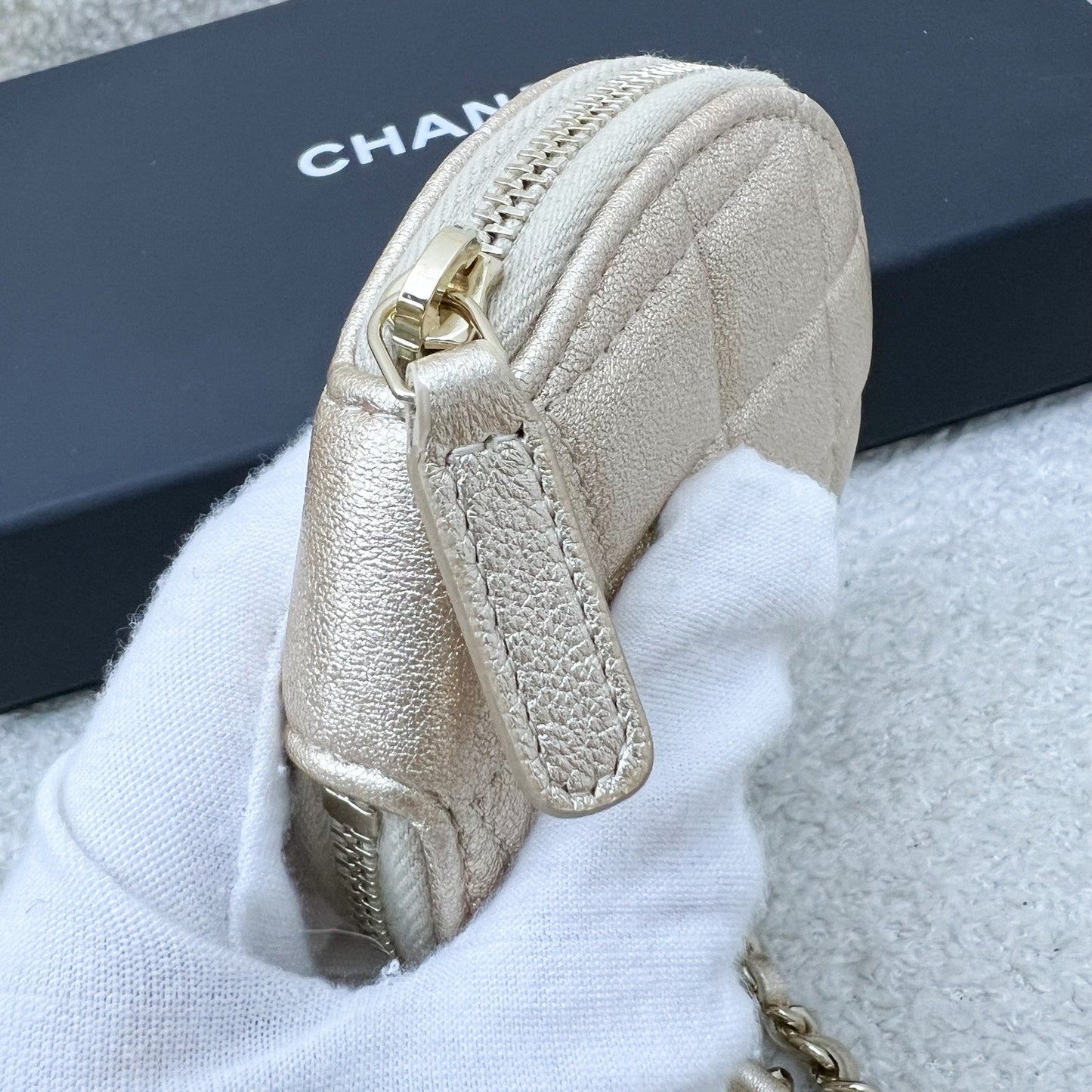GLM-2024 VIP Gift Round Pouch and Airpods Holder Bag Charm in Metallic Gold Lambskin and LGHW