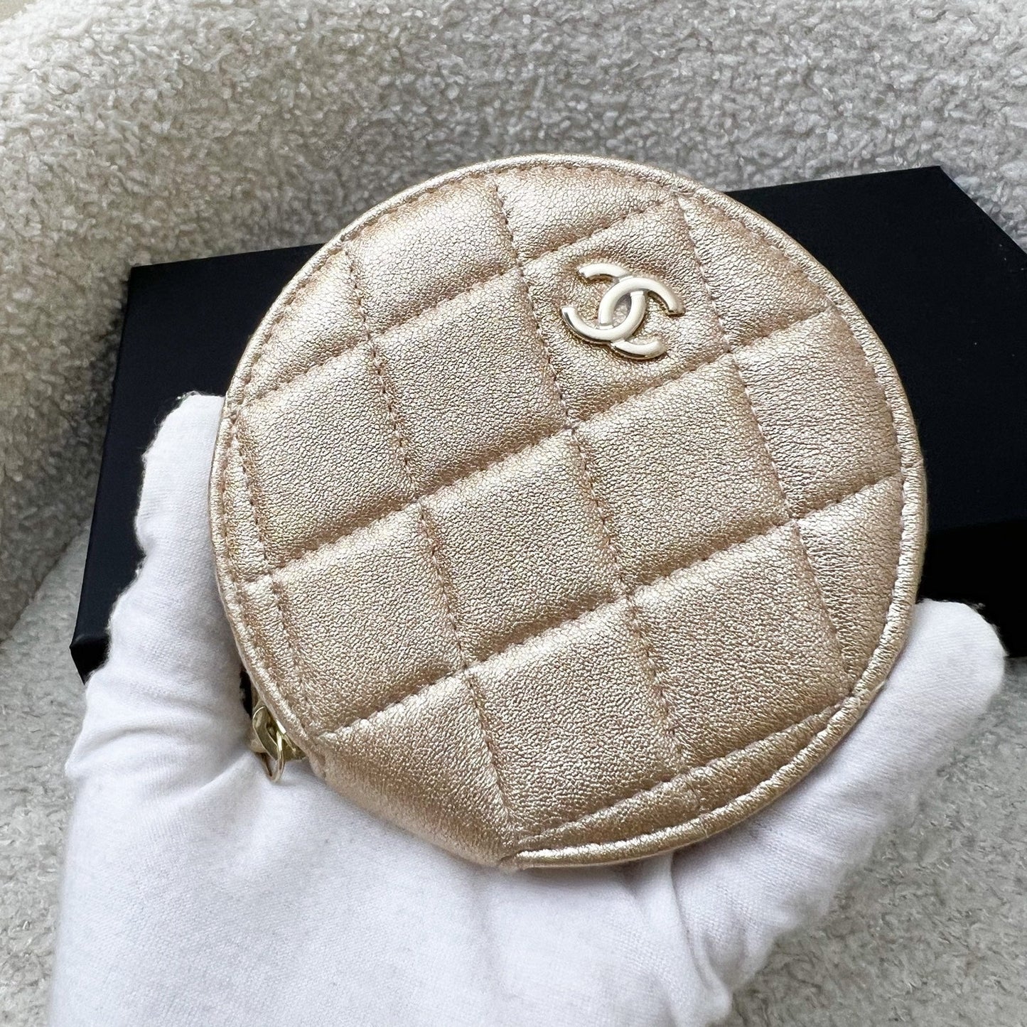 GLM-2024 VIP Gift Round Pouch and Airpods Holder Bag Charm in Metallic Gold Lambskin and LGHW