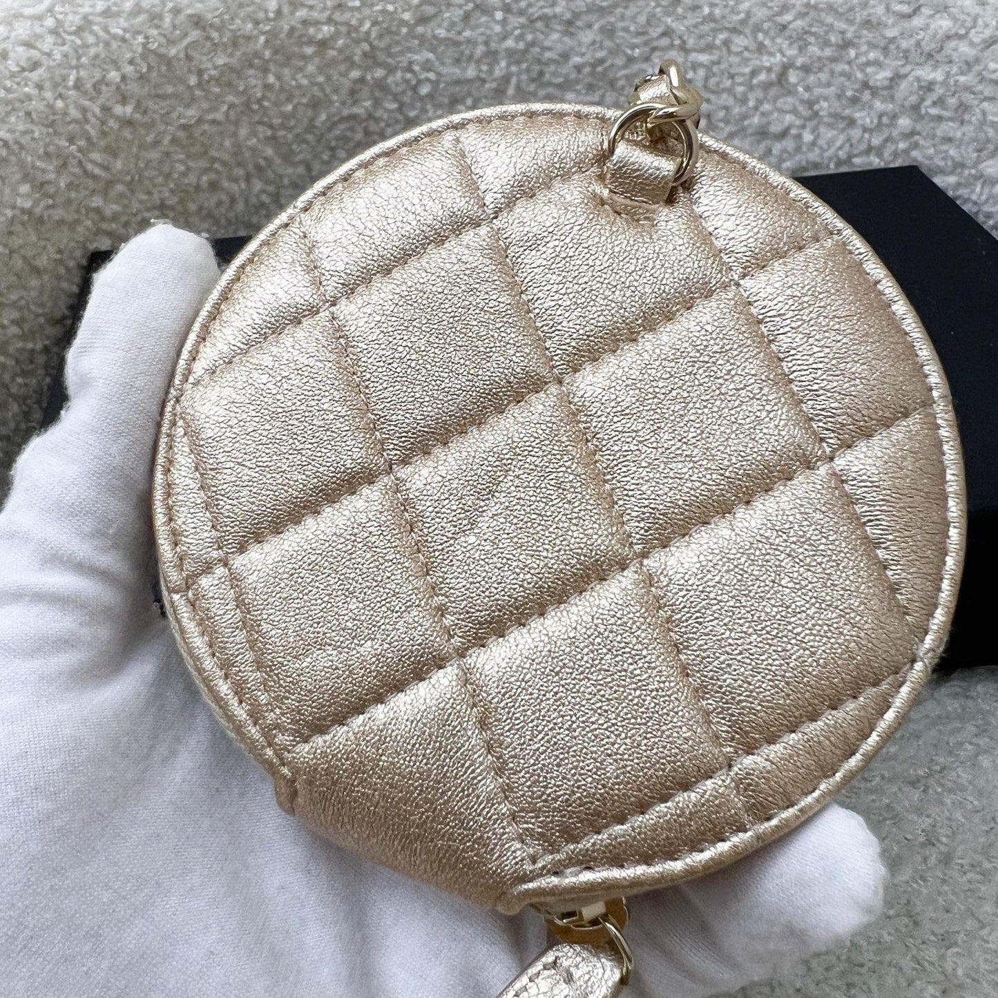 GLM-2024 VIP Gift Round Pouch and Airpods Holder Bag Charm in Metallic Gold Lambskin and LGHW