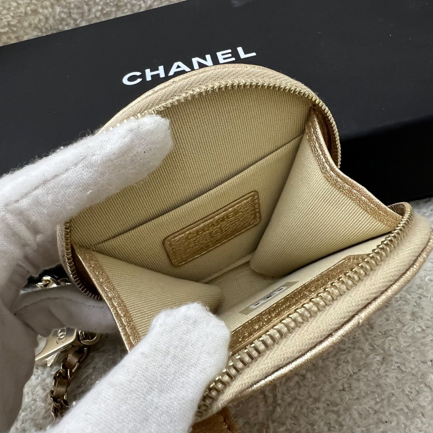 GLM-2024 VIP Gift Round Pouch and Airpods Holder Bag Charm in Metallic Gold Lambskin and LGHW