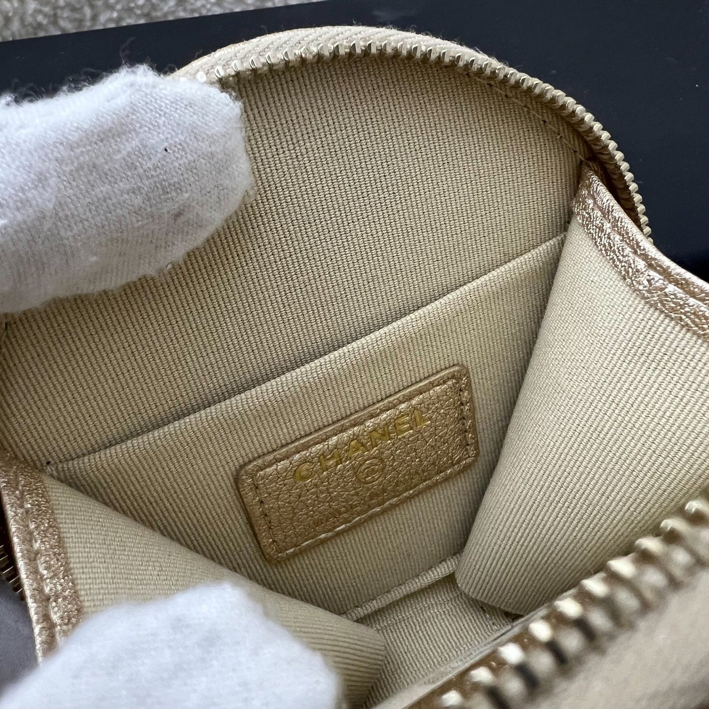 GLM-2024 VIP Gift Round Pouch and Airpods Holder Bag Charm in Metallic Gold Lambskin and LGHW