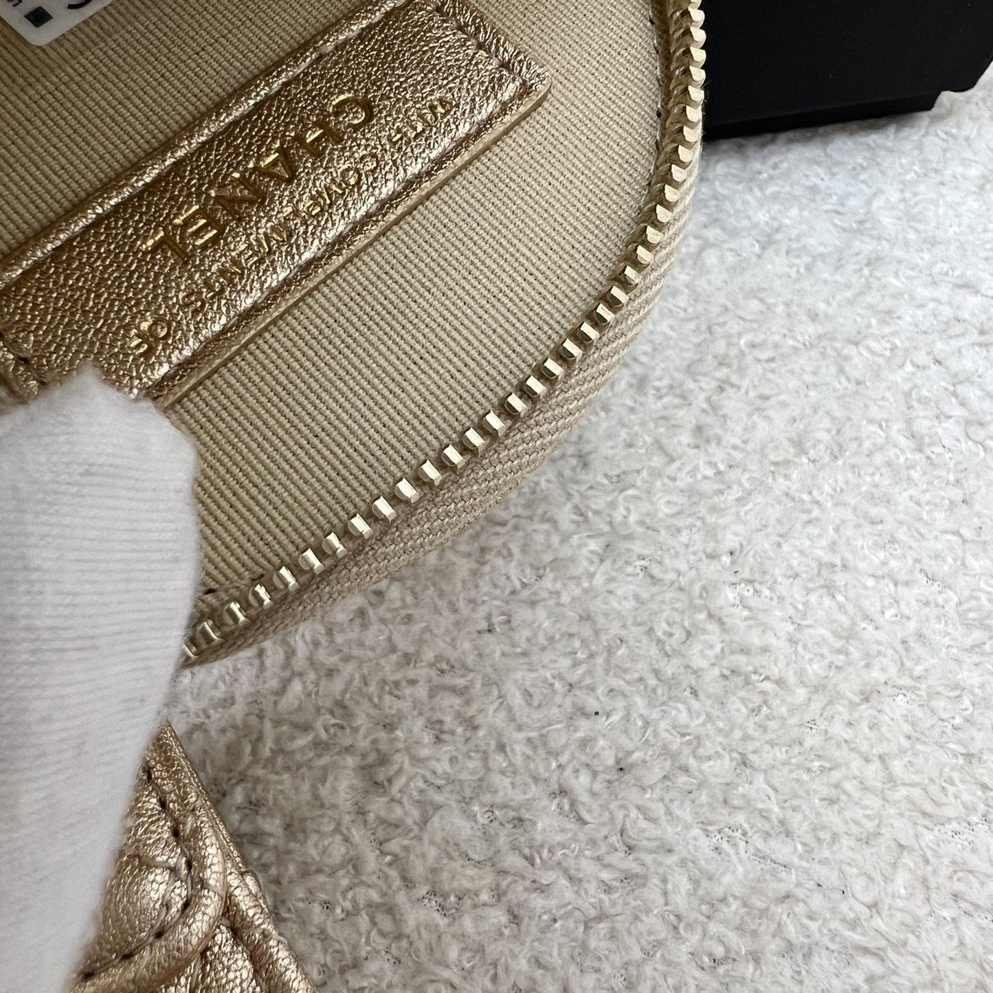 GLM-2024 VIP Gift Round Pouch and Airpods Holder Bag Charm in Metallic Gold Lambskin and LGHW
