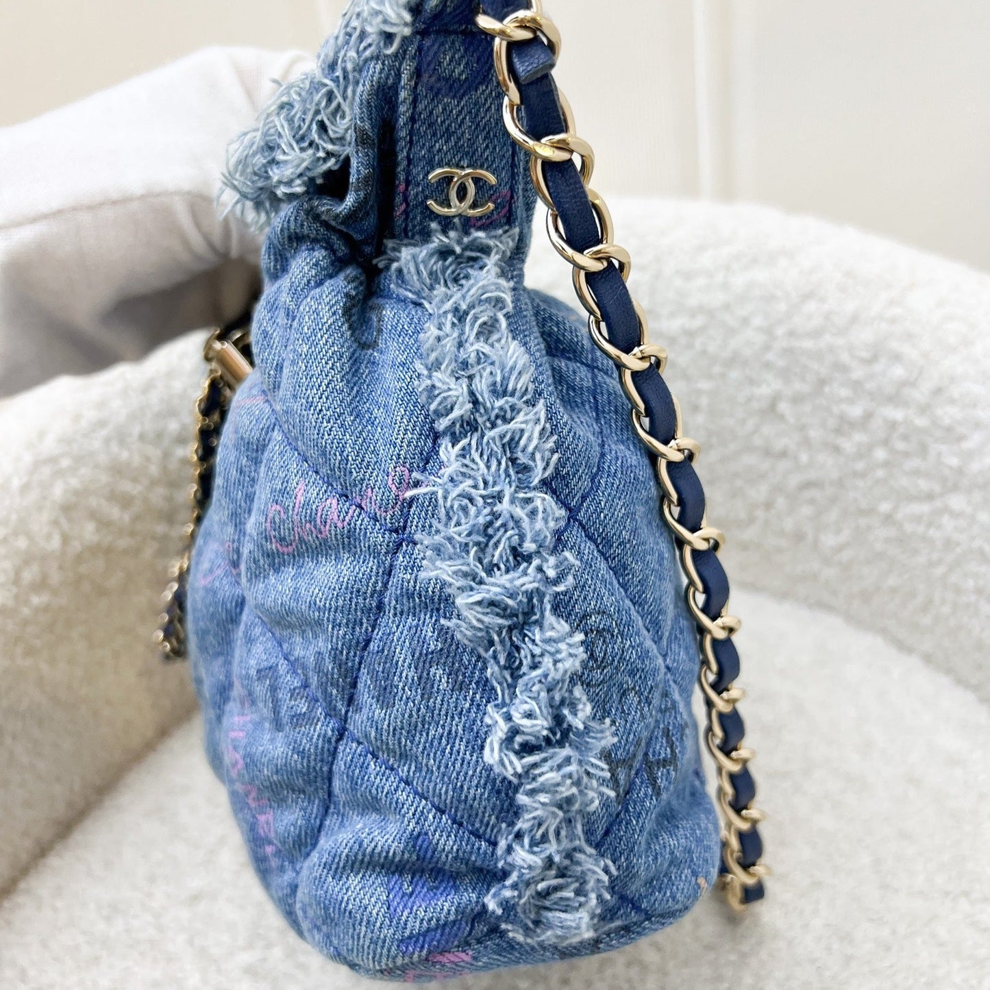 GLM-22P Denim Mood Mini Drawstring Bucket Bag in Blue Printed Denim and LGHW