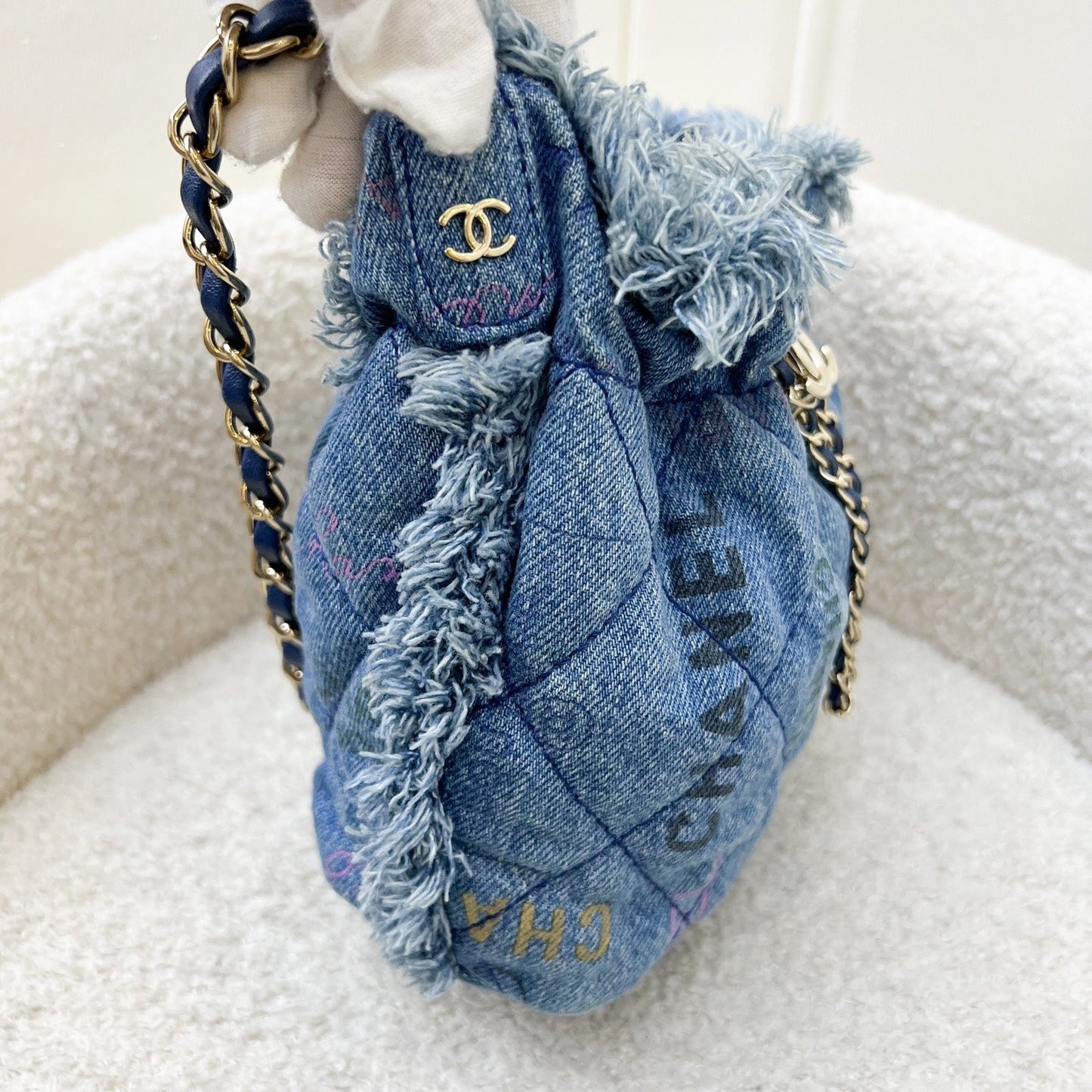GLM-22P Denim Mood Mini Drawstring Bucket Bag in Blue Printed Denim and LGHW