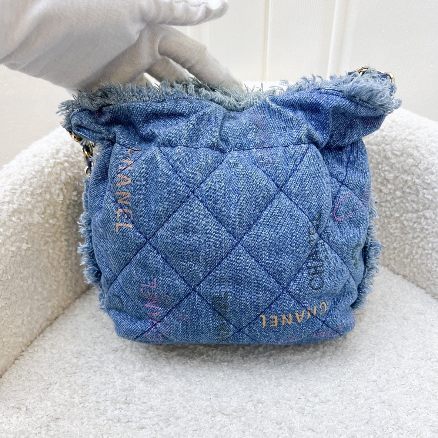 GLM-22P Denim Mood Mini Drawstring Bucket Bag in Blue Printed Denim and LGHW