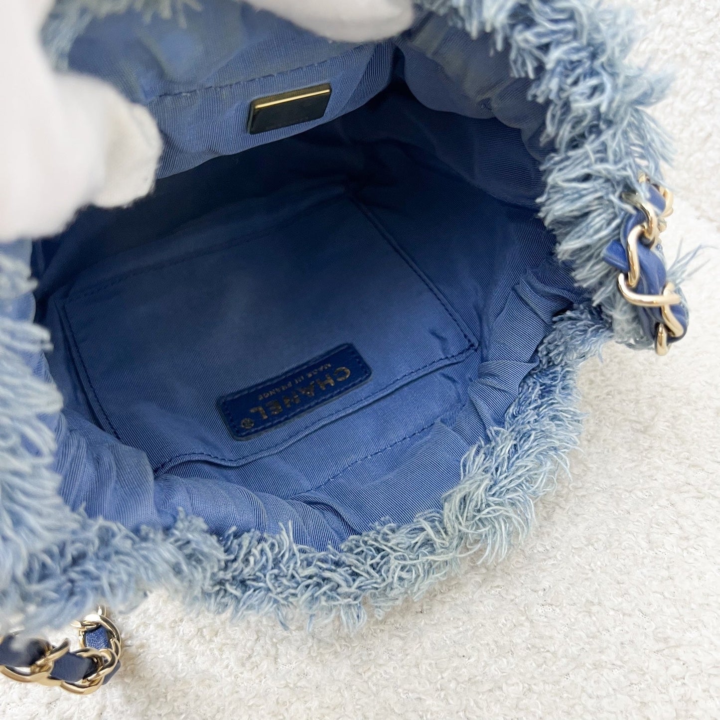 GLM-22P Denim Mood Mini Drawstring Bucket Bag in Blue Printed Denim and LGHW