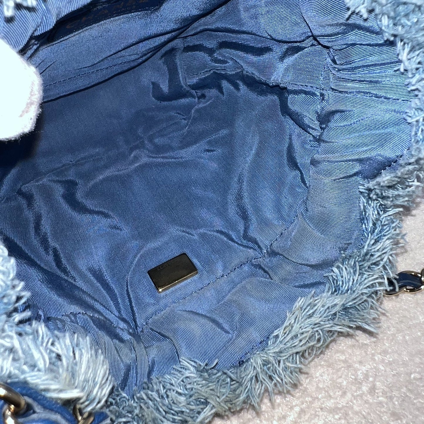 GLM-22P Denim Mood Mini Drawstring Bucket Bag in Blue Printed Denim and LGHW