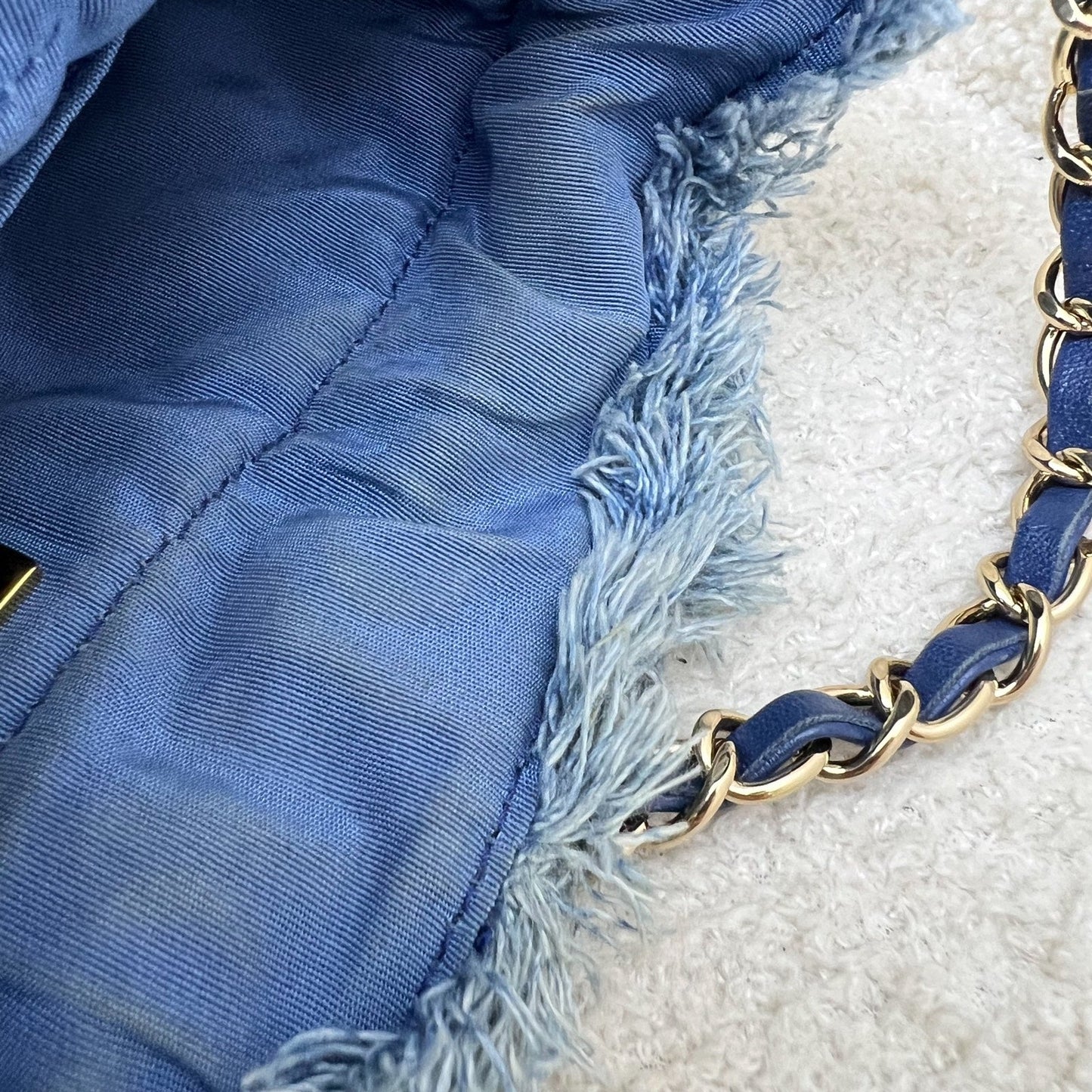 GLM-22P Denim Mood Mini Drawstring Bucket Bag in Blue Printed Denim and LGHW