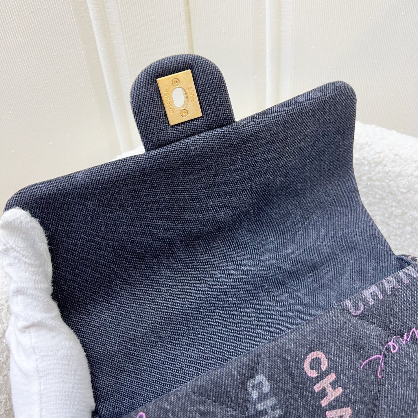 GLM-22P Denim Mood Small Flap Bag in Black Printed Denim and AGHW