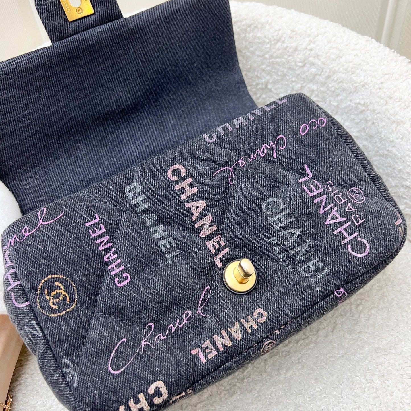 GLM-22P Denim Mood Small Flap Bag in Black Printed Denim and AGHW