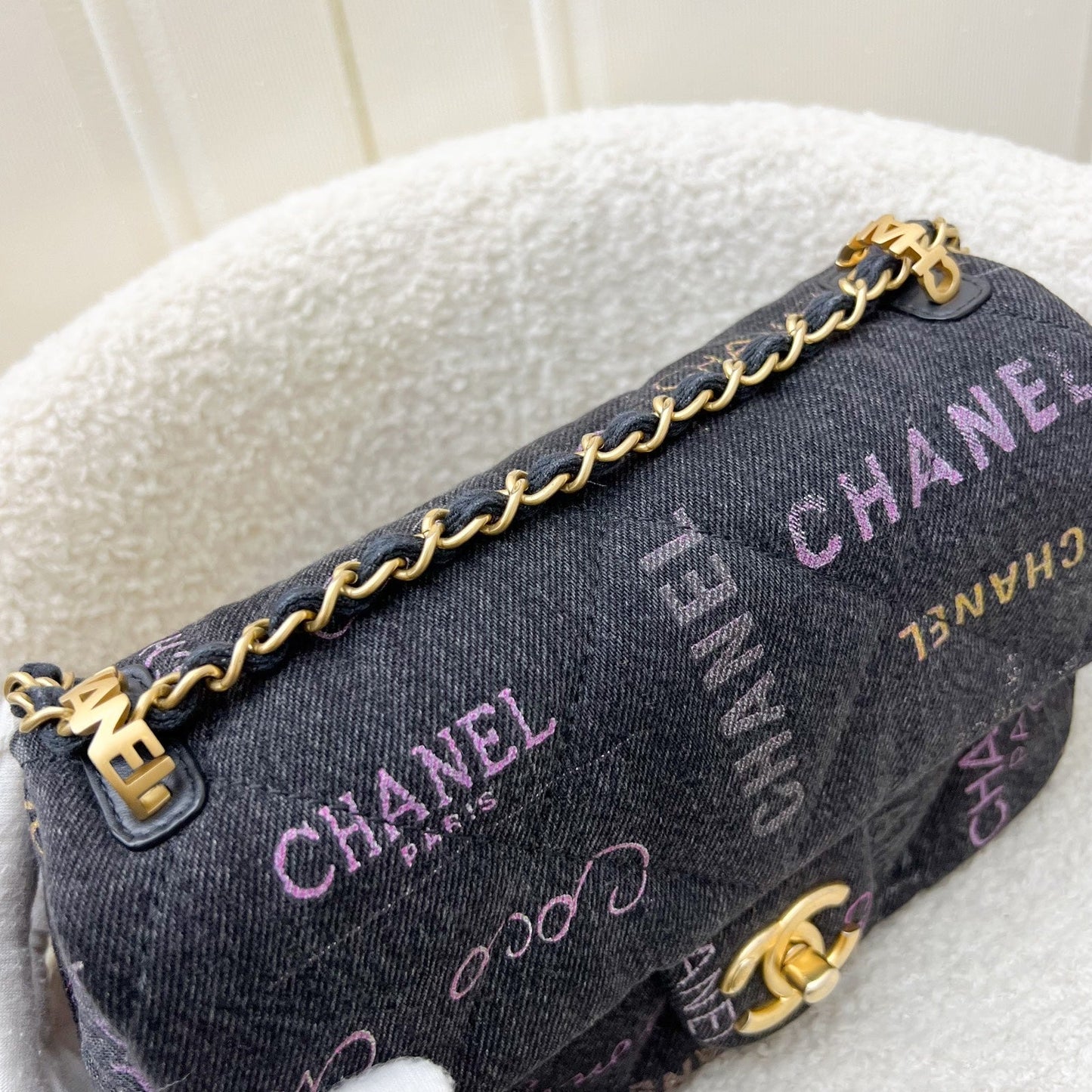 GLM-22P Denim Mood Small Flap Bag in Black Printed Denim and AGHW