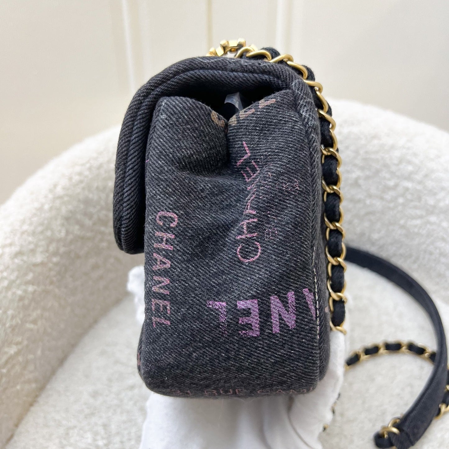 GLM-22P Denim Mood Small Flap Bag in Black Printed Denim and AGHW