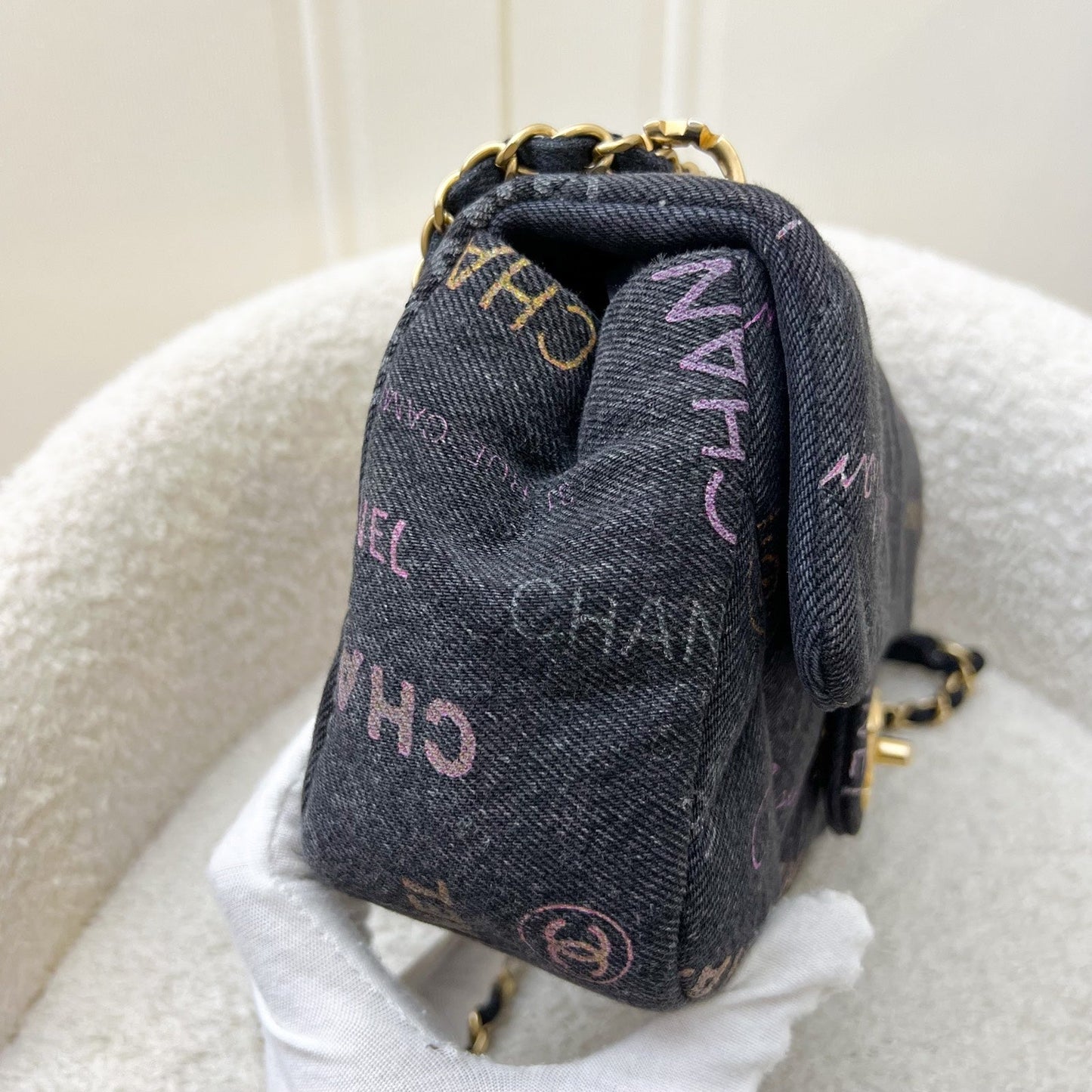 GLM-22P Denim Mood Small Flap Bag in Black Printed Denim and AGHW