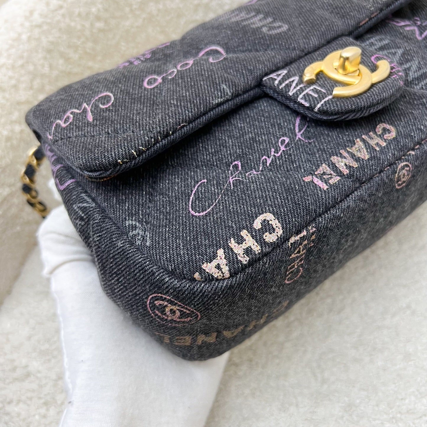 GLM-22P Denim Mood Small Flap Bag in Black Printed Denim and AGHW