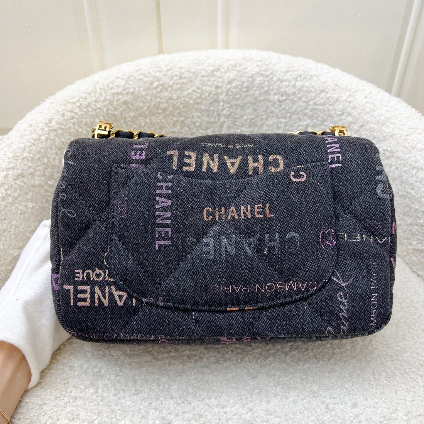 GLM-22P Denim Mood Small Flap Bag in Black Printed Denim and AGHW