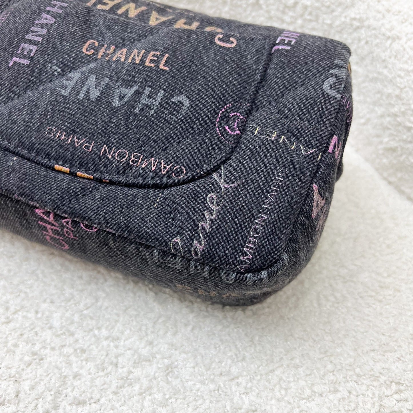 GLM-22P Denim Mood Small Flap Bag in Black Printed Denim and AGHW