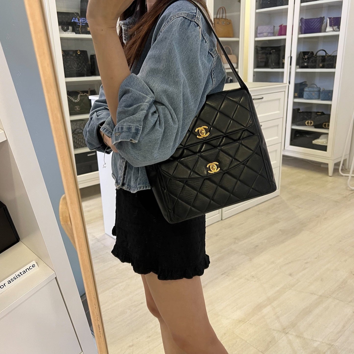 GLM- Double Pocket Shoulder Bag in Black Lambskin and 24K GHW