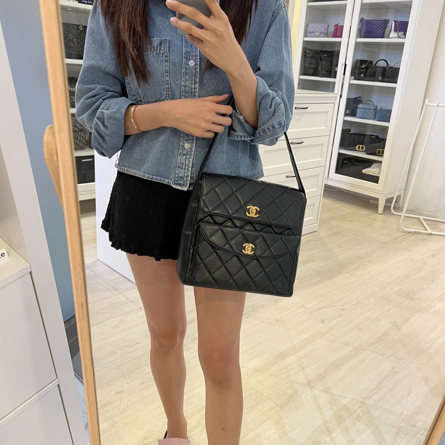 GLM- Double Pocket Shoulder Bag in Black Lambskin and 24K GHW