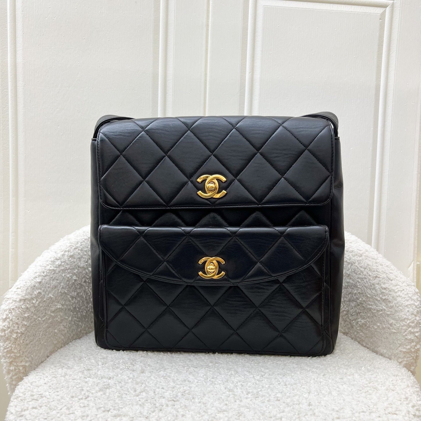 GLM- Double Pocket Shoulder Bag in Black Lambskin and 24K GHW