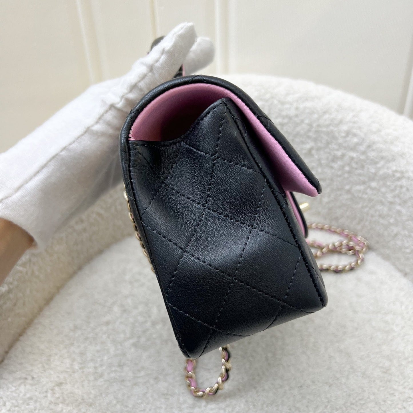 GLM-23P Top Handle Mini Rectangular Flap in Black and Pink Lambskin LGHW (Model: AS2431)