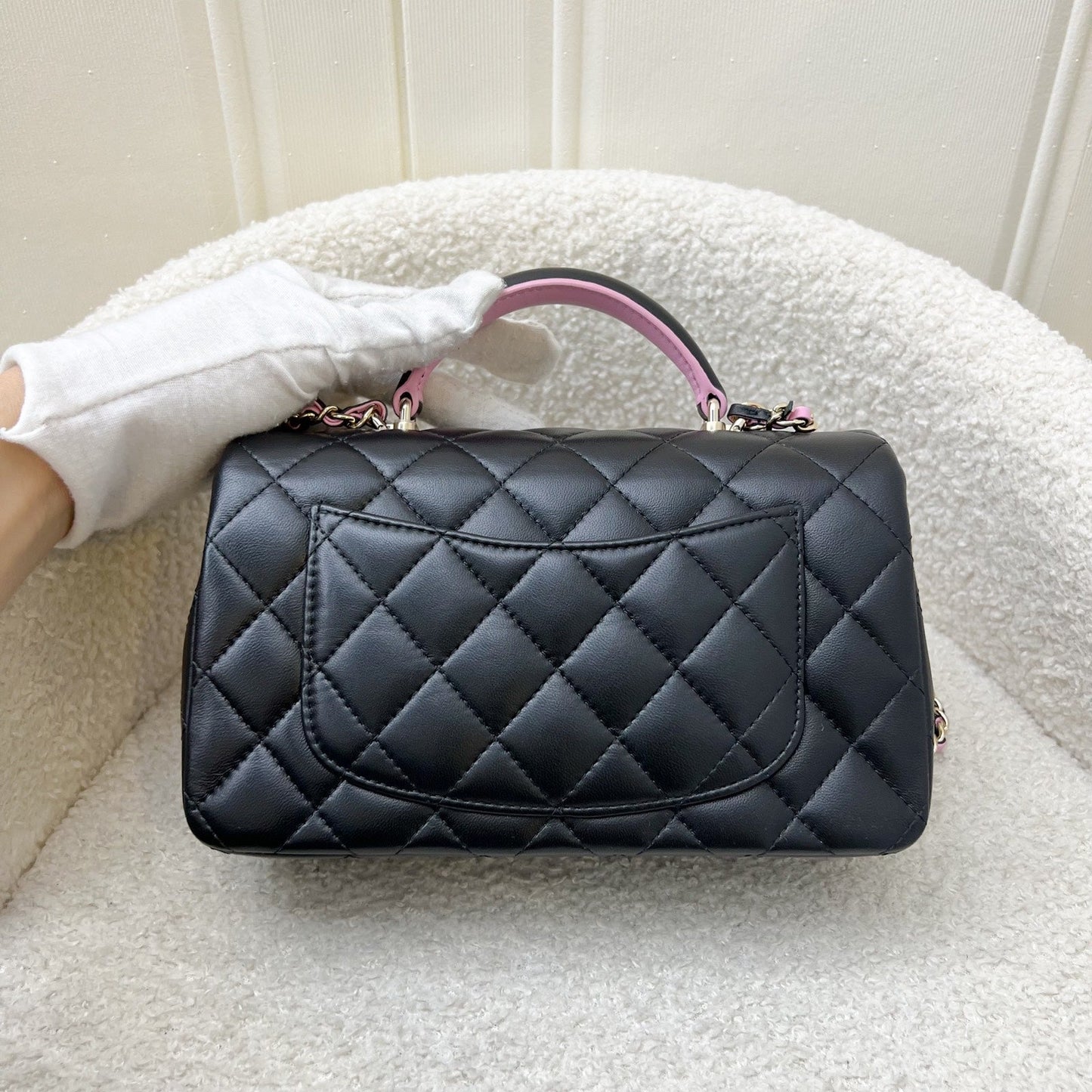 GLM-23P Top Handle Mini Rectangular Flap in Black and Pink Lambskin LGHW (Model: AS2431)