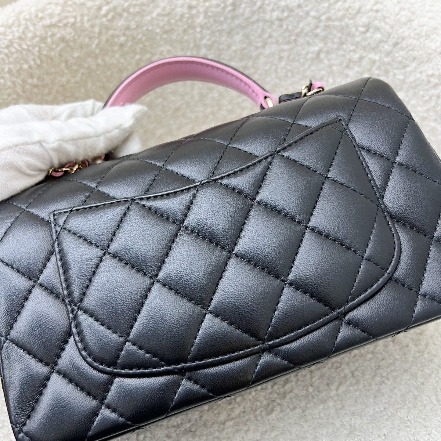 GLM-23P Top Handle Mini Rectangular Flap in Black and Pink Lambskin LGHW (Model: AS2431)