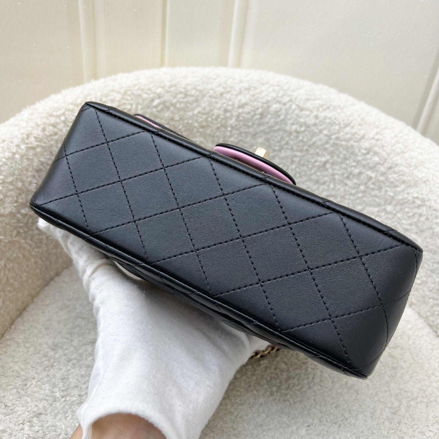 GLM-23P Top Handle Mini Rectangular Flap in Black and Pink Lambskin LGHW (Model: AS2431)