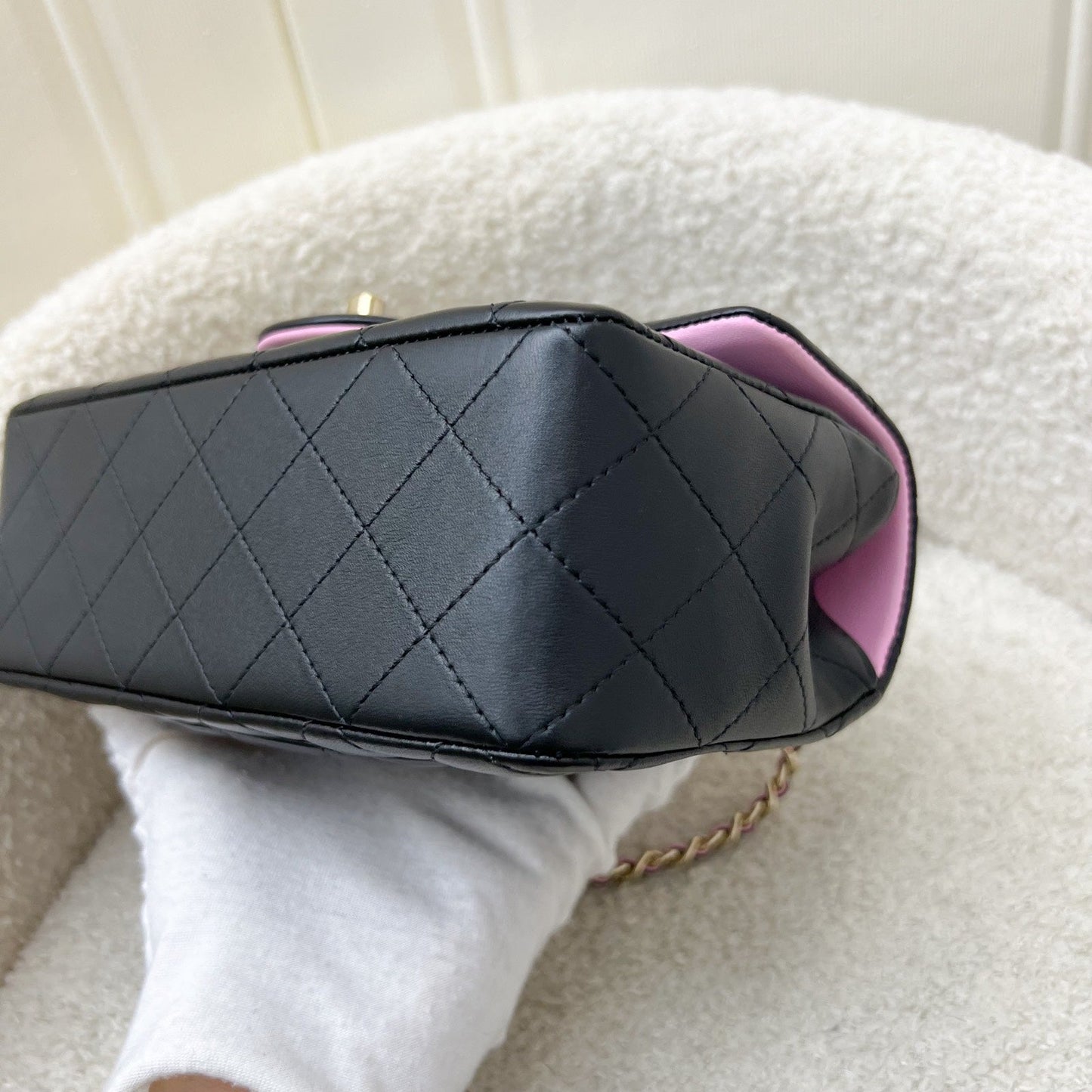 GLM-23P Top Handle Mini Rectangular Flap in Black and Pink Lambskin LGHW (Model: AS2431)