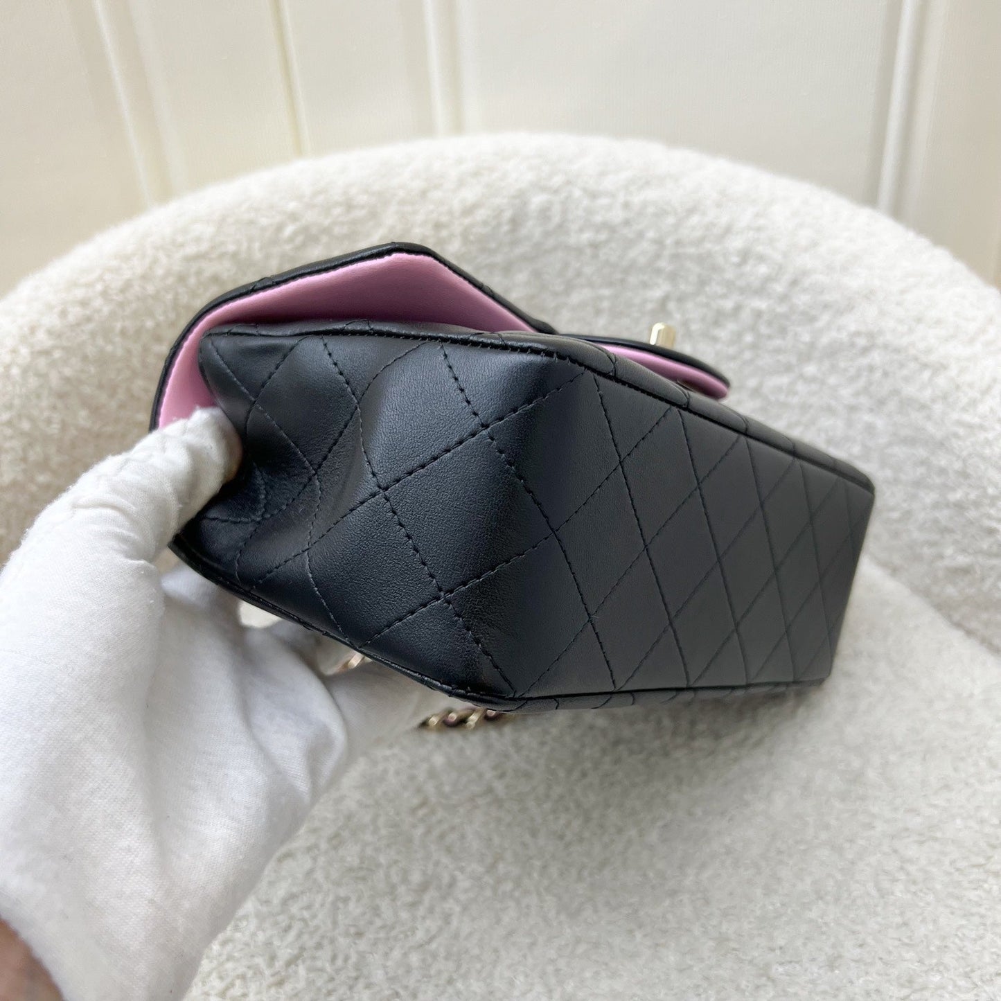 GLM-23P Top Handle Mini Rectangular Flap in Black and Pink Lambskin LGHW (Model: AS2431)