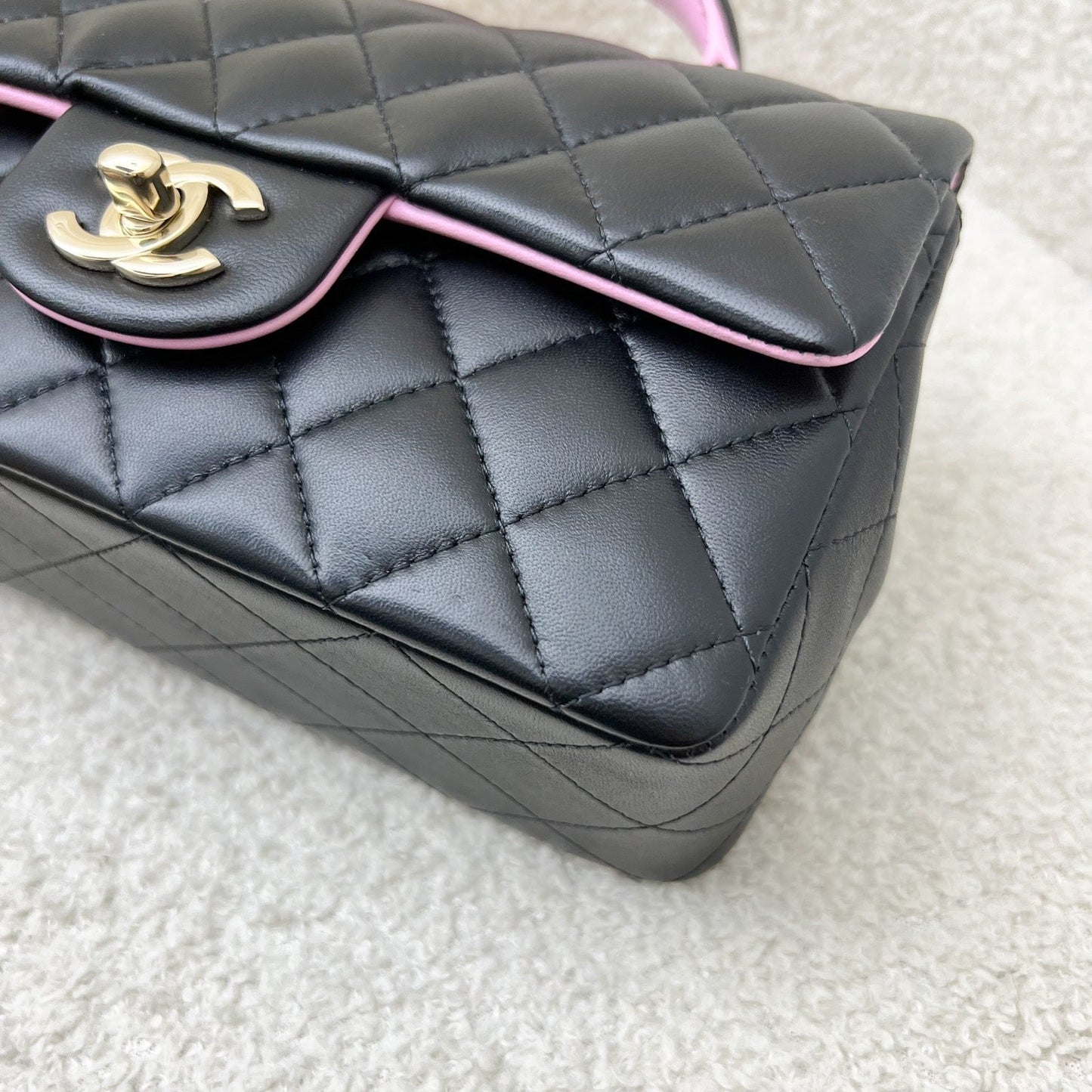 GLM-23P Top Handle Mini Rectangular Flap in Black and Pink Lambskin LGHW (Model: AS2431)
