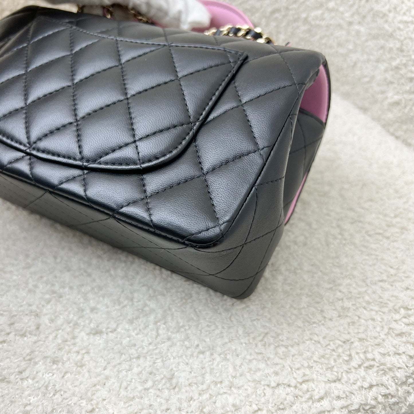 GLM-23P Top Handle Mini Rectangular Flap in Black and Pink Lambskin LGHW (Model: AS2431)