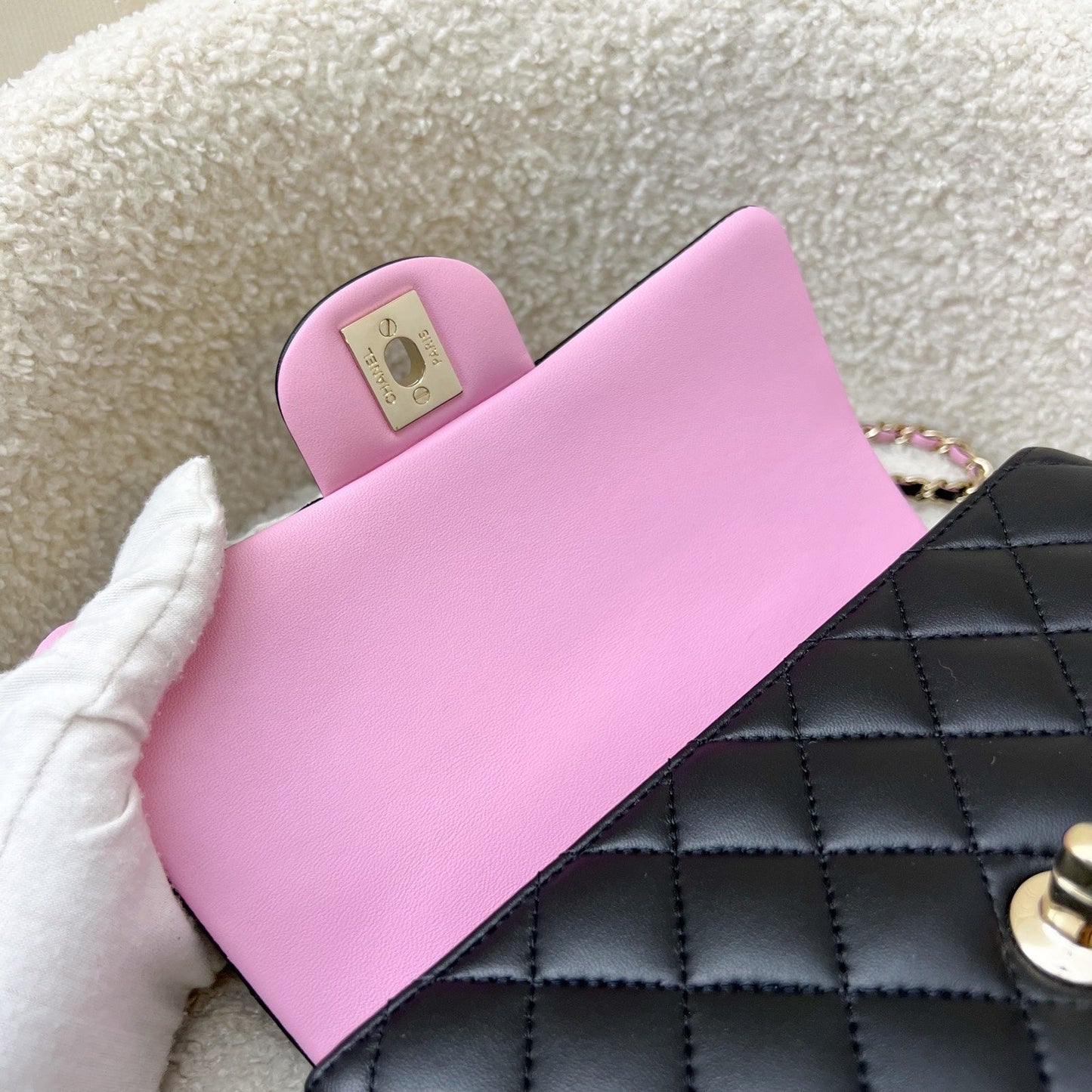 GLM-23P Top Handle Mini Rectangular Flap in Black and Pink Lambskin LGHW (Model: AS2431)