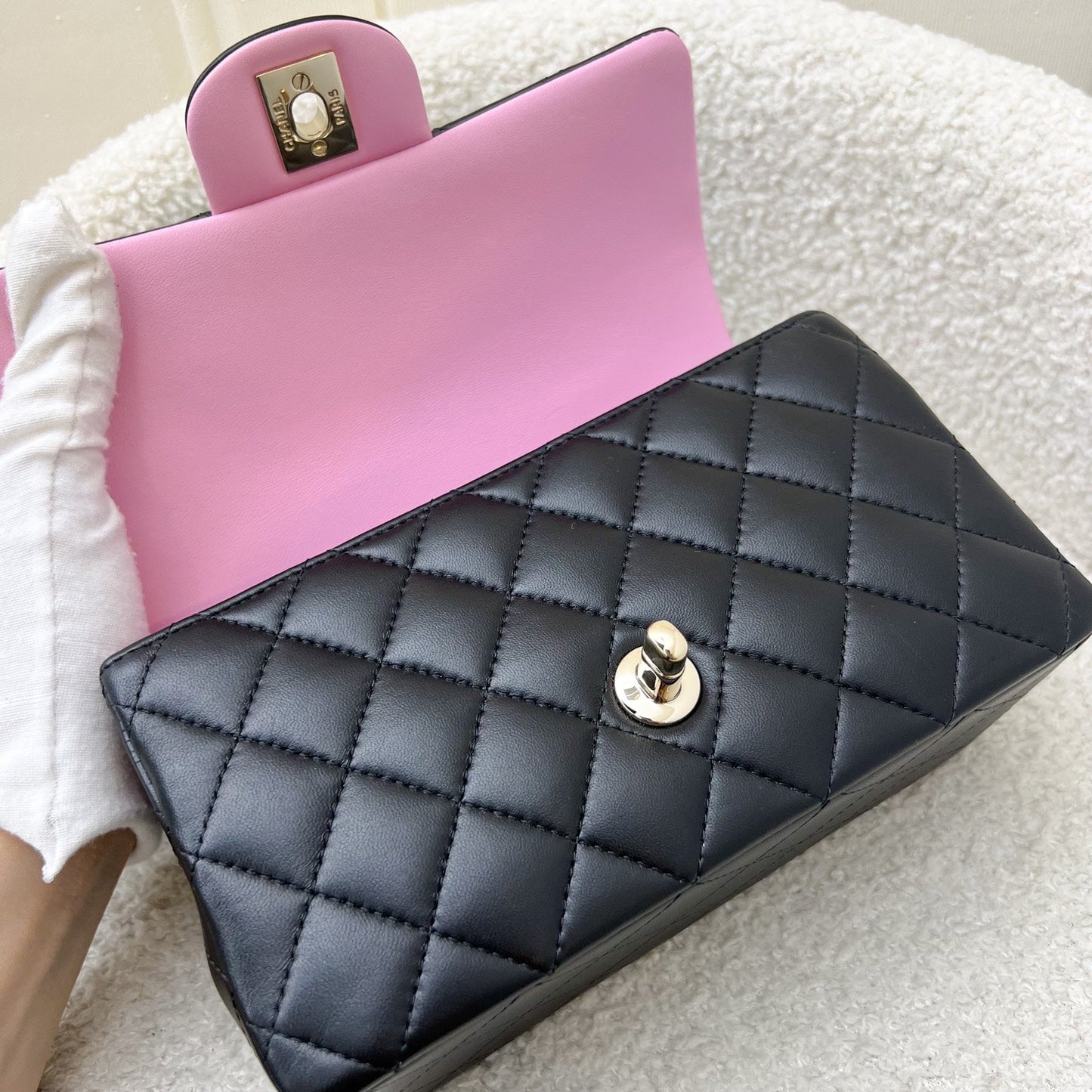 GLM-23P Top Handle Mini Rectangular Flap in Black and Pink Lambskin LGHW (Model: AS2431)