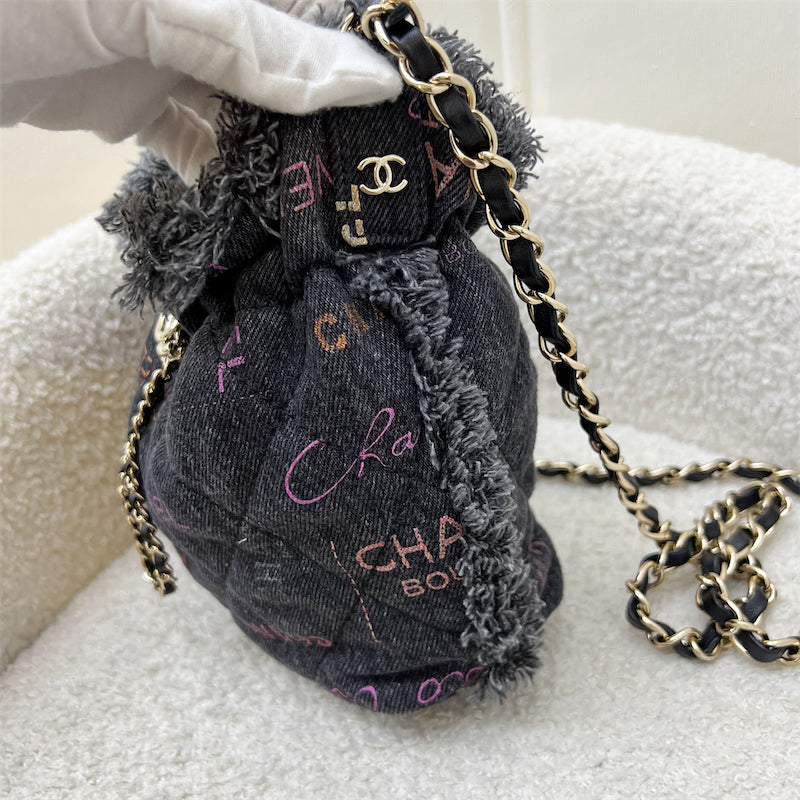 GLM-22P Denim Mood Mini Drawstring Bucket Bag in Black Printed Denim and LGHW