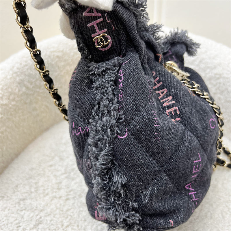 GLM-22P Denim Mood Mini Drawstring Bucket Bag in Black Printed Denim and LGHW