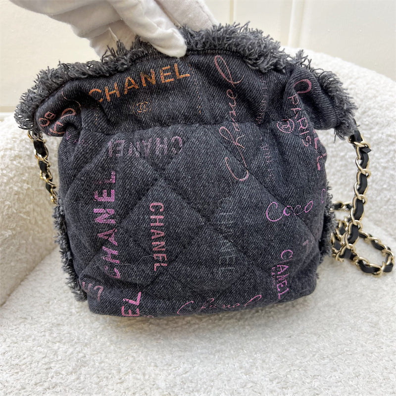 GLM-22P Denim Mood Mini Drawstring Bucket Bag in Black Printed Denim and LGHW