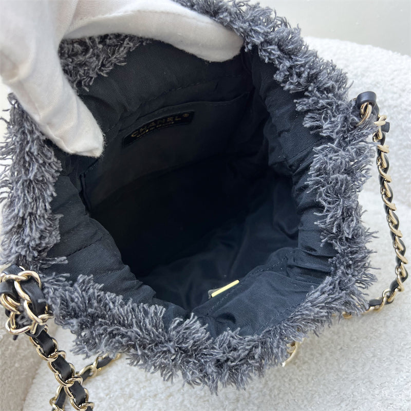 GLM-22P Denim Mood Mini Drawstring Bucket Bag in Black Printed Denim and LGHW