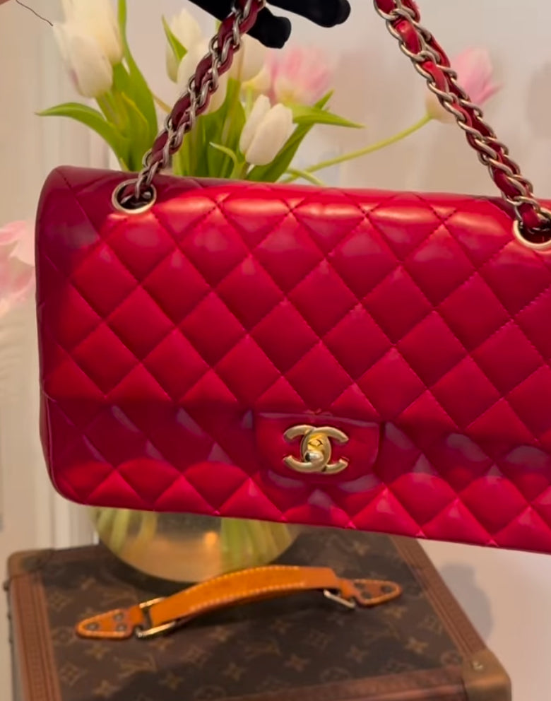 GLM-Red Classic Double Flap Bag in Medium Size Lambskin Leather With Gold Hardware