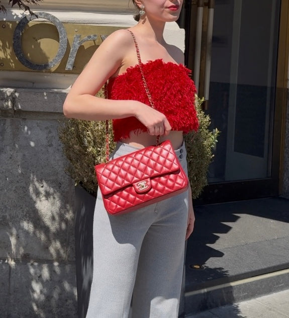 GLM-Red Classic Double Flap Bag in Medium Size Lambskin Leather With Gold Hardware