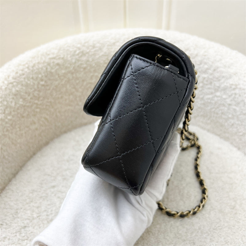GLM-24K Extra Mini Rectangle Classic Flap in Black Lambskin and GHW (Model: AS5219)