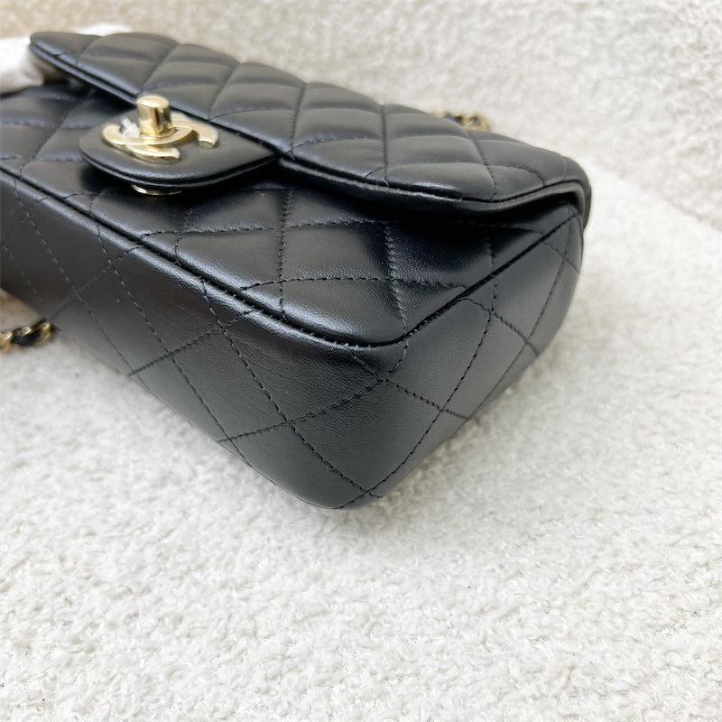 GLM-24K Extra Mini Rectangle Classic Flap in Black Lambskin and GHW (Model: AS5219)