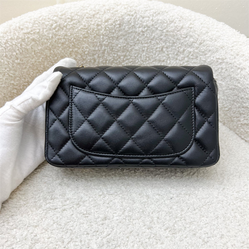 GLM-24K Extra Mini Rectangle Classic Flap in Black Lambskin and GHW (Model: AS5219)