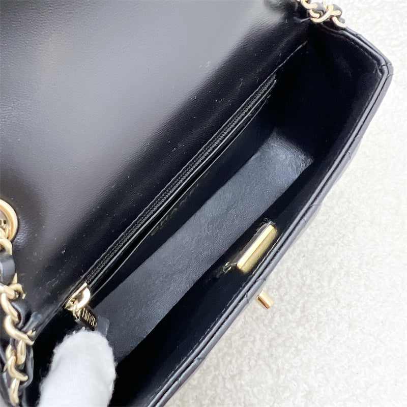 GLM-24K Extra Mini Rectangle Classic Flap in Black Lambskin and GHW (Model: AS5219)
