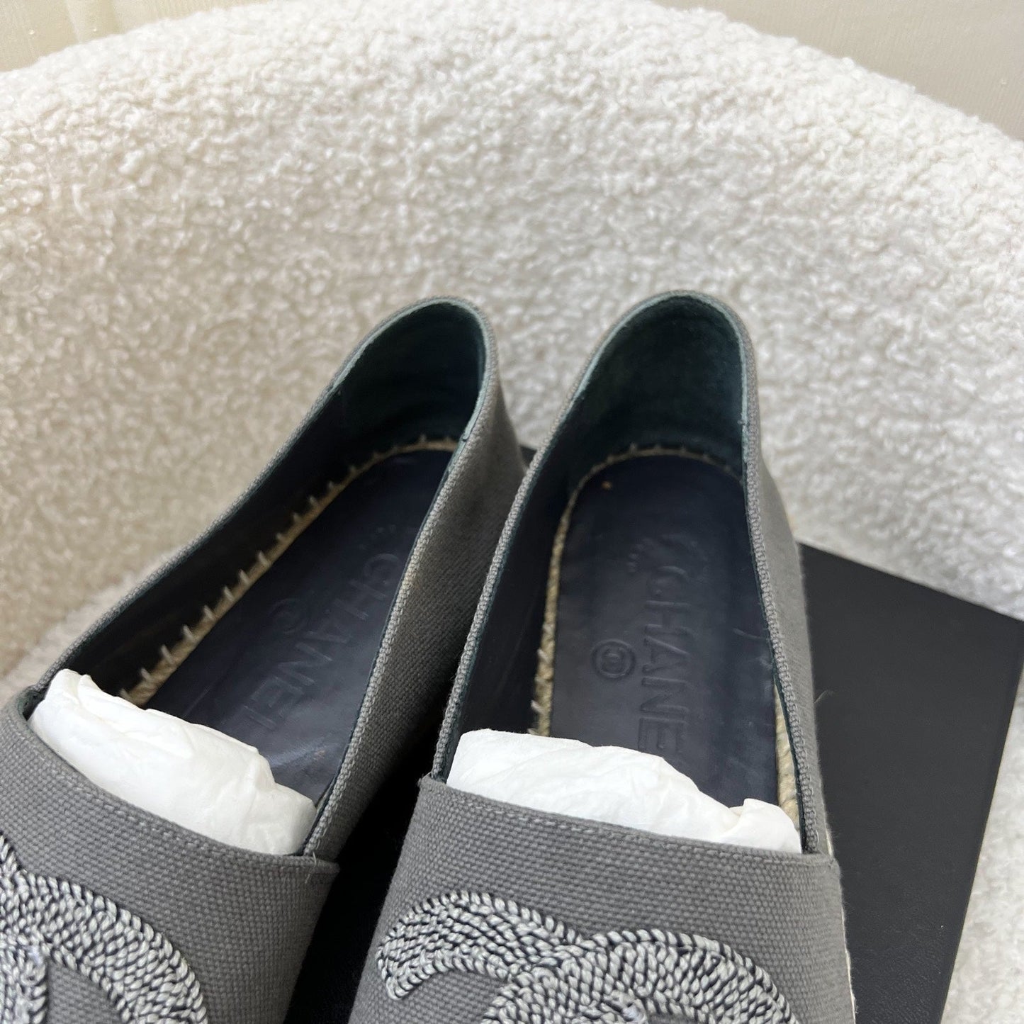 GLM-Espadrilles in Grey Canvas and Black Gosgrain Sz 37