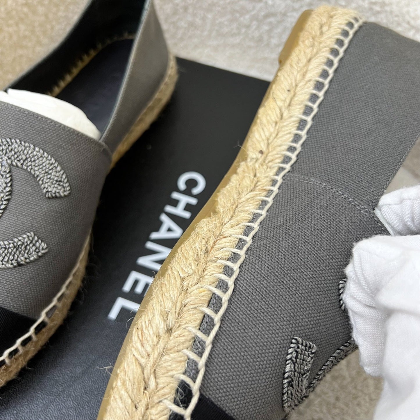 GLM-Espadrilles in Grey Canvas and Black Gosgrain Sz 37